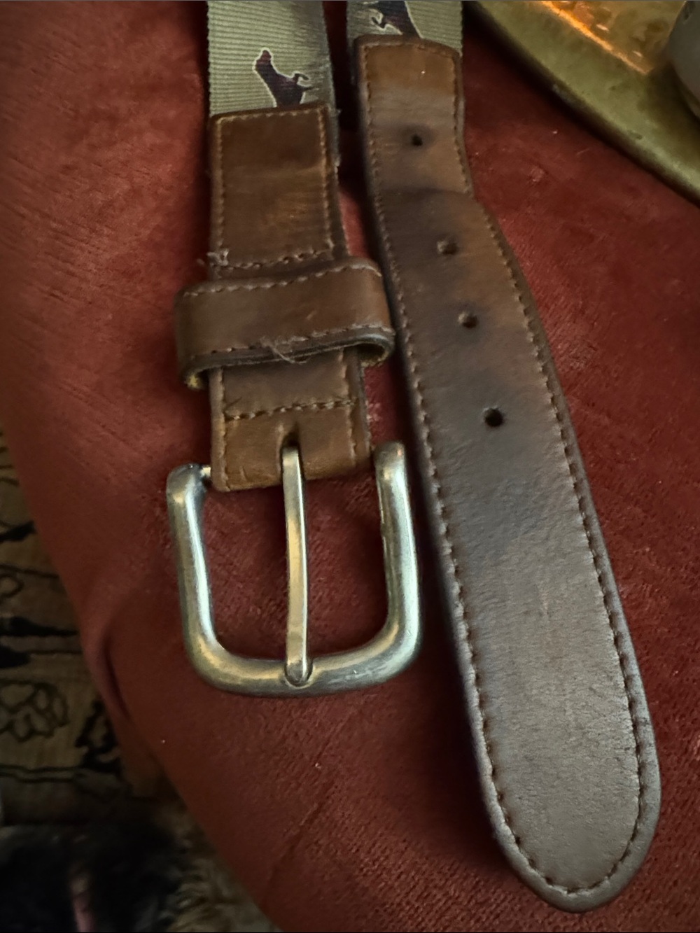 Source Unknown Brown Leather Belt with Olive Fabric Accent
